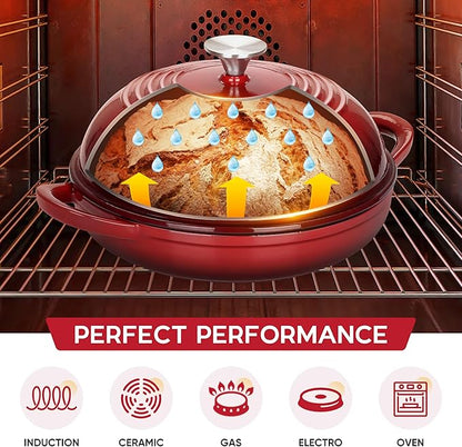 E-far Dutch Oven for Sourdough Bread Baking, 6 Qt Round Enameled Cast Iron Dutch Oven for Homemade Artisan Bread, Dome Lid & Shallow Base, Matte Black Interior & Durable, Oven-Safe to 500℉, Red
