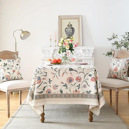ISAENNE Designer Chinoiserie Linen Floral Small Square Tablecloth,White Wrinkle Resistant Table Cloth,Elegant Decor Tablecloths for Dining Thanksgiving Kitchen Party Christmas,55"*55"-Daffy