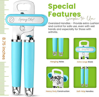 Spring Chef Stainless Steel Can Opener - Manual with Soft Grip Handles, Easy Turn, Heavy Duty Hand Can Openers for Seniors with Smooth Edge - Magnetic Lid Remover - Aqua Sky