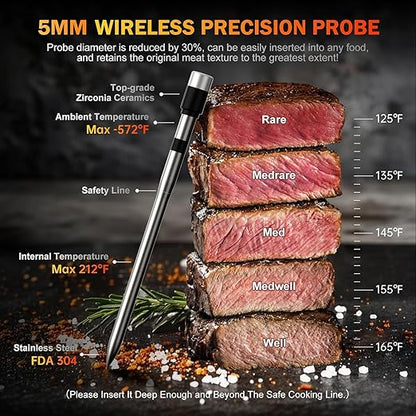 Meat Thermometer Wireless with 2 Probes, 800FT Bluetooth Digital Thermometer with Smart APP, Temp Precise Improved by 100%, Instant Read Food Thermometer with Alerts for Oven Smoker BBQ Grill