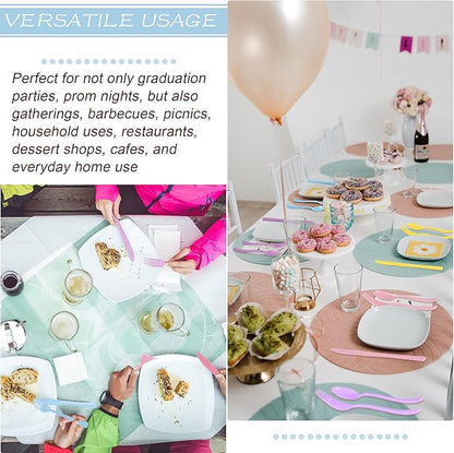 300 Pieces Pastel Plastic Silverware Heavy Duty Plastic Cutlery Set Heavyweight Disposable Utensils Includes Spoons Forks Knives for Birthday Wedding Dinner, Macaron Colors