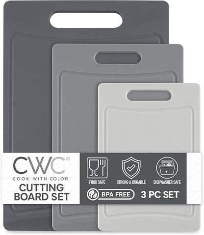 COOK WITH COLOR Non-Slip Cutting Board Set – Kitchen Essentials with Easy Grip Handle for Meat, Veggies, and Fruits, 3 Cutting Boards, Gray