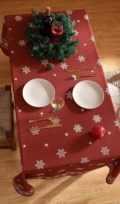ISAENNE Designer Christmas Red Square Tablecloth,Linen Table Cloth with Snowflakes Pattern,Wrinkle Resistant Decor Tablecloths for Dining Kitchen Thanksgiving Christmas,67"*67"-Carol C