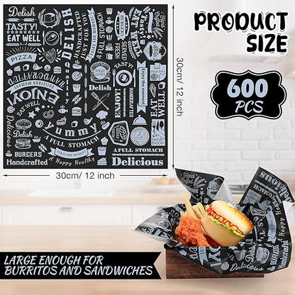 Outus 600 Pcs 12 x 12 Inch Deli Wax Paper Sheets Grease Resistant Tray Basket Liners Newsprint Paper Water and Grease Proof Sandwich Wrapping Square Hot Dog Wrappers for Food Baking (Black)