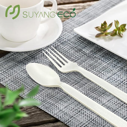 Compostable Forks and Spoons Bulk 300 Count Disposable Compostable Cutlery 100% No Plastic Silverware Heavy Duty Forks Spoons Biodegradable Utensils