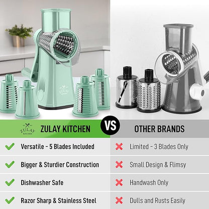 Zulay Kitchen Rotary Cheese Grater 5 Blade Cheese Shredder - Manual Hand Crank Cheese Grater With Reinforced Suction & 5 Interchangeable Drums - Easy to Use, Vegetable Chopper Round Mandoline Slicer