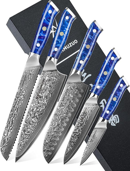 Chef Cooking Knives Set- Kitchen Knife Set of 5 Piece - Ultra-Sharp VG10 Damascus Steel & Resin Handle - Xuan Series (Sapphire Blue)