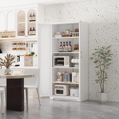 Metal Storage Cabinet with 4 Adjustable Shelves, 71" Tall Kitchen Pantry Cabinet with Doors, White Pantry Cabinets, Utility Large Cupboard, Storage Cabinets for Kitchen, Living Room, Dining