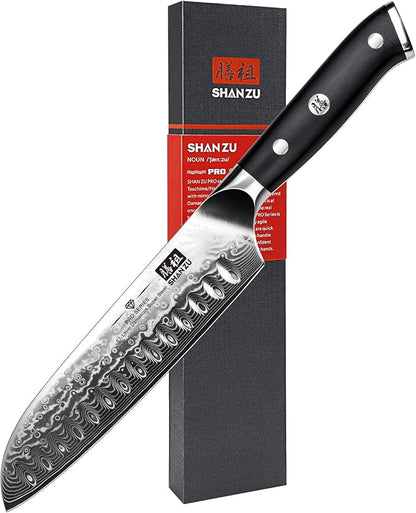 SHAN ZU Chef Knife, Kitchen Knife Santoku Chef's Knife 7 Inch Multifunction Kitchen Knives Damascus Stainless Steel & Ergonomic Fiberglass G10 Handle Best Sharp High-Carbon Knives