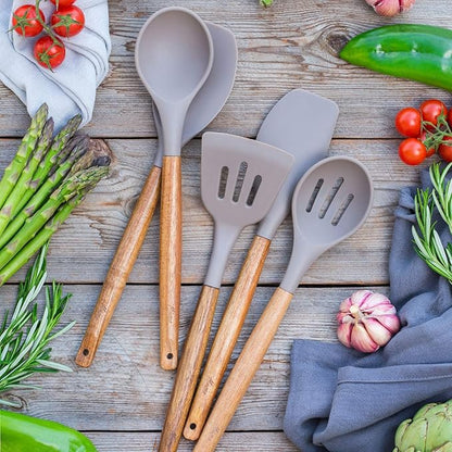 Kitchen Utensils Set, Silicone Cooking Utensils Set,Non-Stick Silicone Spatula Set with Natural Acacia Hard Wood Handle, 5 Piece, Upgraded Thickened Cookware
