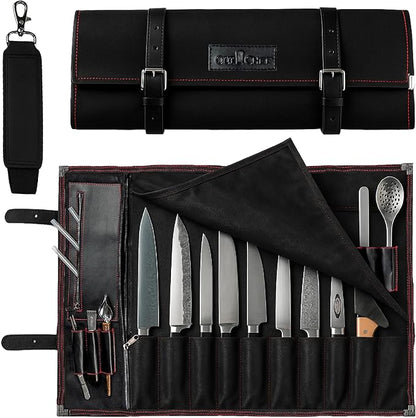 OuiChef Chef Knife Bag for 10 Knives & Utensils - Waxed Canvas & Vegan Leather - Travel Knife Case with Straps - Professional Chef Roll Bag