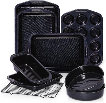HONGBAKE 9-Piece Baking Pans Set with Wave Texture, 0.8mm Thick Bakeware Sets Non Stick, Includes Stackable Cookie Sheets for Oven Cooking, Cake Pan, Muffin Pan, Loaf Pan, Roasting Pan, Rack, Blue