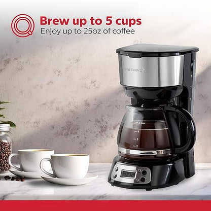 Holstein Housewares 5-Cup Programmable Coffee Maker, 25oz Drip Coffee Machine with Auto Brew Timer, Pause & Serve, Compact Design – Perfect for Home, Office & Dorm Use, Black