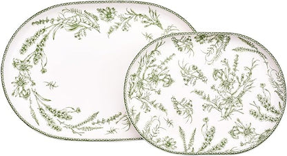 Bico Green Garden Toile De Jouy 16 plus 12 inch Oval Platters Set, Set of 2, Microwave and Dishwasher Safe, for Serving Fish, Chicken, Turkey