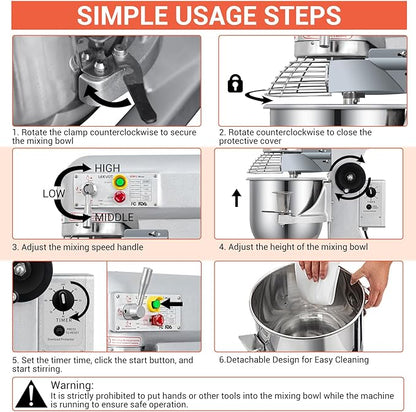 15 QT Bread Mixer, Commercial Industrial Grade Food Stand Mixer with Stainless Steel Bowl and 3 Types of Mixing Tools, Built for Professional Baking: Effortlessly Handles Large Recipes