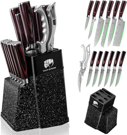 FULLHI 14pcs Block Knife Set, Chef's Knife Steak Knives Set with Block and Sharpener, Kitchen Knife Set, Multi-colour Handle, Gifts for Men Women