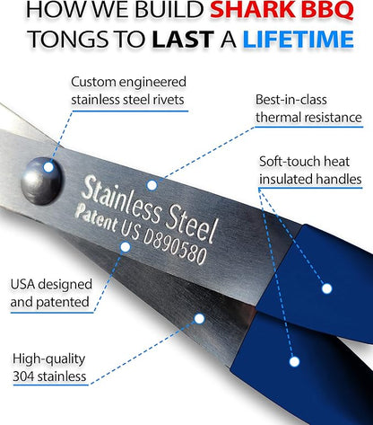 Shark BBQ Grill Tongs - 2-Pack, Great Value - 17" & 13" Professional Kitchen and Outdoor Grilling Utensil Set (Blue)