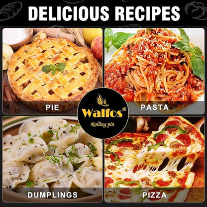 Walfos French Rolling Pin Set - Natural Wooden Rolling Pins (8inch, 15.7inch) With Non-stick Silicone Fiber Pastry Mat, Baking Dough Roller for Pizza, Pie, Pasta, Bread, Pastry