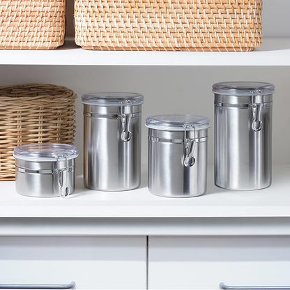 OGGI Stainless Steel Kitchen Canister 26 fl oz - Airtight Clamp Lid, Clear See-Thru Top - Ideal for Kitchen Storage, Food Storage, Pantry Storage. Size 5" x 3.5".