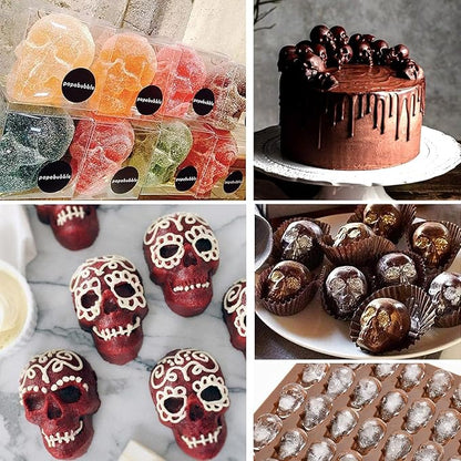 3 Pack Gummy Skull Silicone Candy Molds, Halloween Mini Skull Mold with 3 Droppers Non-stick Candy Molds