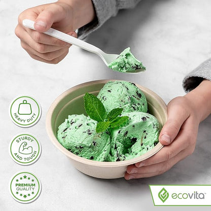 Ecovita 100% Compostable Spoons - 140 Large Disposable Utensils (6.3 in.) Eco Friendly Durable and Heat Resistant Alternative to Plastic Spoons with Convenient Tray