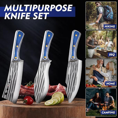 3PCS Butcher Knife Set for Meat Cutting， Hand Forged Professional Chef Knife Set Meat Cleaver Boning Knife for Home, Outdoor Cooking, Camping BBQ Gift Idea Men