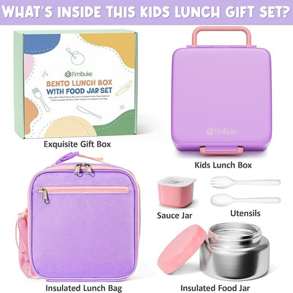 Fimibuke Bento lunch Box Set for Kids Adult with 8oz Thermos Food Jar, Insulated Lunch Bag &Sauce Cup, Leakproof Dishwasher Safe Toddler Lunch Food Container with 3-4 Compartment for School Girls Boys