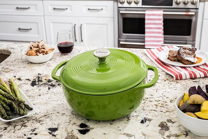 Lodge 6 Quart Enameled Cast Iron Dutch Oven with Lid – Dual Handles – Oven Safe up to 500° F or on Stovetop - Use to Marinate, Cook, Bake, Refrigerate and Serve – Avocado