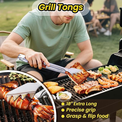 4PCS Grilling Accessories Rose Wooden BBQ Grilling Tools Set, Heavy Duty Stainless Steel Barbecue Grill Tools Kit with Spatula, Clips, Brushes, Forks for Outdoor Grill, BBQ Gift for Men and Women