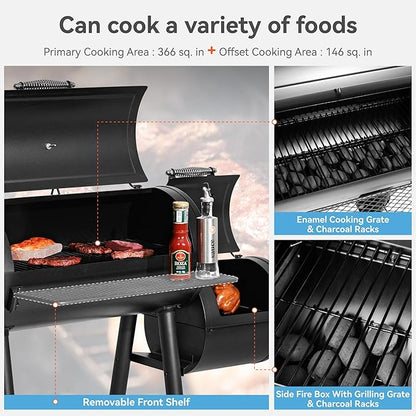 GREEN PARTY Offset Smoker Charcoal Grills with 28 Inch Cook Chamber, Barrel Smoker and Charcoal Grill Combo, 512 Sq. In. Space Barrel Smoker Grill for Outdoor BBQ Patio Backyard Cooking