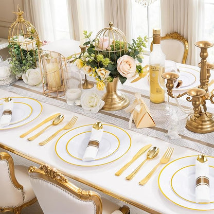 Liacere 100Pack Pre Rolled Gold Silverware and Napkin-Disposable Gold Plastic Utensils-Wrapped Plastic Cutlery Set with Napkin:100 Forks,100 Knives,100 Spoons,100 Napkins for Wedding&Thanksgiving