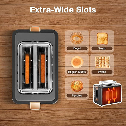Mecity Toaster 2 Slice Stainless Steel Body Timer, Bagel/Defrost/Reheat/Cancel Functions,Warming Rack, Removable Tray, 6 Browning Settings, Extra Wide Slots, Bread Toaster, 120V 800W Grey
