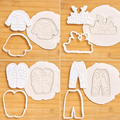 Flycalf Christmas Cookie Cutters Pajamas Set of 4 with Plunger Stamps Holiday PLA Baking Accessories Cutter Molds Gifts Decorative Party 3.5" Kitchen Cake Supplies