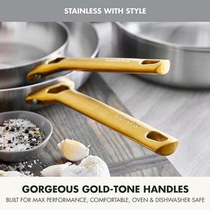 GreenPan Stainless Steel Tri-Ply Reserve 10” and 12” Frying Pan Skillet Set, Multiclad Cookware, PFAS-Free, Induction, Oven & Broiler Safe to 600°F, Heat Responsive Core, Dishwasher Safe, Gold Handles