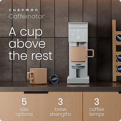 Chefman Caffeinator Single Serve Coffee Maker, Brew Kcups & Grounds, Drip Coffee Machine with Brew Strength Settings, Iced Coffee Function, 48 oz. Removable Water Reservoir - Includes 4 Filters