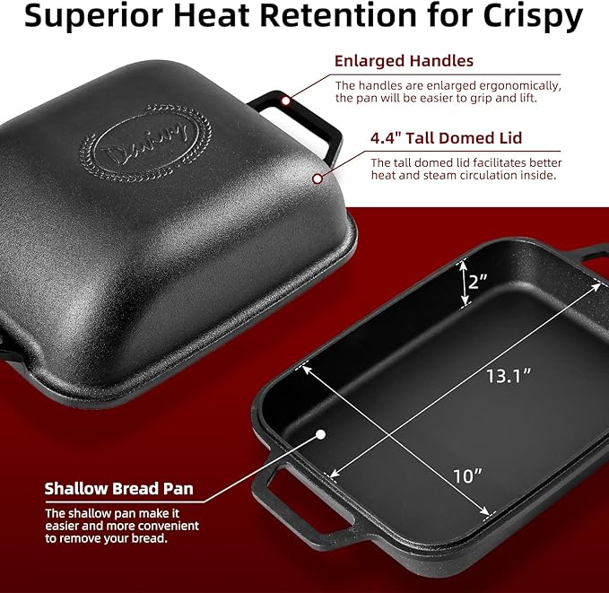 Davivy 9QT Large Cast Iron Bread Loaf Pan with Lid, Pre-Seasoned Dutch Oven for Sourdough Bread Baking, Non-stick Cast Iron Sourdough Baking Pan with Lid