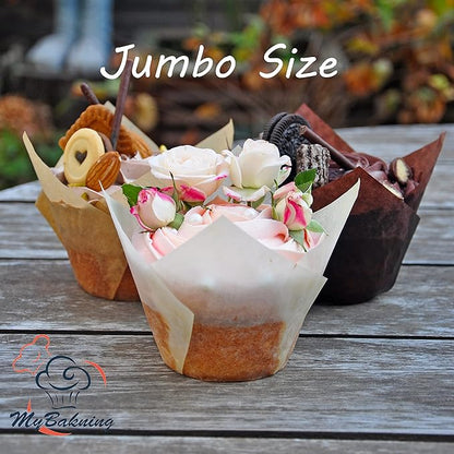 (JUMBO EXTRA LARGE size) Natural+Brown+White Tulip Baking Cups 2-1/4"(Base diameter) x 3-3/4"(Wall height) Greaseproof paper baking cupcake Muffin liners, Case of 130 pcs