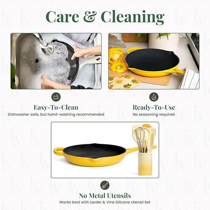 Larder & Vine Enameled Cast Iron Skillet | 10.25 in Cast Iron Pan | Saute Pan with Pour Spouts | Enamel Coated Skillet | Compatible on All Cooktops & Oven Safe to 500F | Limoncello