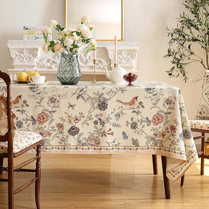 ISAENNE Designer French Light Beige Small Square Tablecloth,Linen Florals and Birds Pattern Table Cloth,Anti-Wrinkle Decorative Tablecloths for Dining Thanksgiving Kitchen,55"*55"-Cornucopia