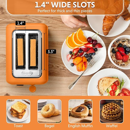 BUYDEEM DT620 2-Slice Toaster, Extra Wide Slots, Retro Stainless Steel with High Lift Lever, Bagel and Muffin Function, Removal Crumb Tray, 7-Shade Settings,Orange
