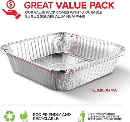 8x8 Foil Pans (10 Pack) 8 Inch Square Aluminum Pans - Foil Pans - Disposable Food Containers Great for Baking Cake, Cooking, Heating, Storing, Prepping Food