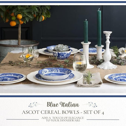 Spode Blue Italian Ascot Cereal Bowl Set of 4-8-Inch Earthenware Bowls with Oriental Design, Dishwasher & Microwave Safe Tableware for Breakfast, Soup, Rice, Dessert - Blue & White Dinnerware