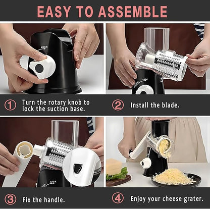 Rotary Cheese Grater, Cheese Grater Hand Crank, With Suction Base, Easy Cleaning With 3 Stainless Steel Interchangeable Drum Blades, Black
