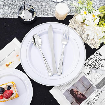 bUCLA 600pcs Silver Plastic Dinnerware Set for 100 Guests - Silver Christmas Dinnerware Set Disposable for Party - Include 100 Dinner Plates,100 Dessert Plates,100Cups,100 Knives,100 Forks,100 Spoons