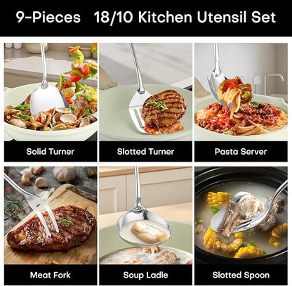 Lazycorner 304 Stainless Steel Kitchen Utensils Set 9-Piece Polished Mirror Finish Cooking Spoons, Slotted Spoon, Turner, Spatula, Pasta Spoon– Dishwasher Safe, Rust-Resistant
