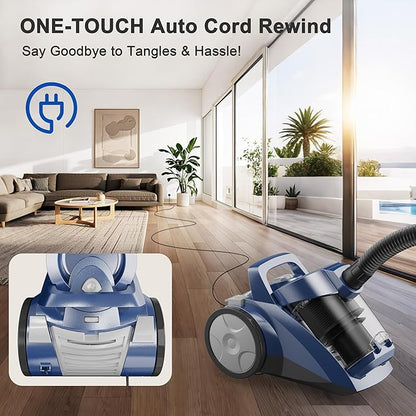Canister Vacuum Cleaner 45KPa Power Bagless Canister Vacuums for Home with 5 Tools 4.5QT Dust Cup Double HEPA Filter Lightweight Multi-Surface Vacuum Cleaners for Carpet Hard Floor Pet Hair