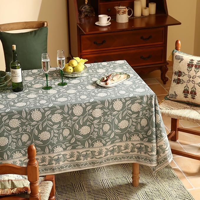 ISAENNE Designer Grayish Green Linen Small Square Tablecloth,Floral Stain Resistant Table Cloth,Fall Vintage Decor Tablecloths for Dining Thanksgiving Kitchen Tea Party,55"*55"-Andrew A