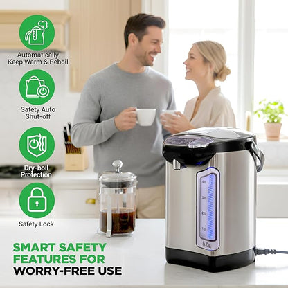 NutriChef Electric Water Boiler and Warmer - 5L/5.28 Qt Stainless Steel Hot Water Dispenser w/Rotating Base, Keep Warm Temperature Set, Auto Shut Off, Safety Lock, Instant Heating for Coffee & Tea