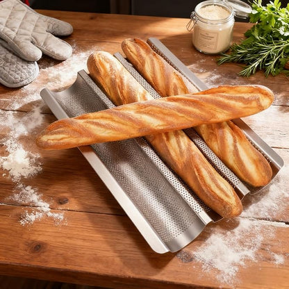 Baguette Bread Pan Set of 2, Silver Baguette Tray Perforated, Nonstick French Bread Baking Pan 3 Loaves, Oven Baking Gifts for Home Baker