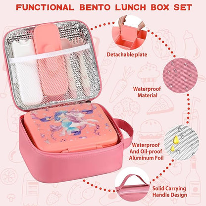 Bento Lunch Box for Kids With 8oz Soup Thermo,Leak-proof Lunch Containers with 5 Compartment,Thermo Food Jar and Lunch Bag, Food Containers for School (A-Pink（Unicorn - Mermaid）)